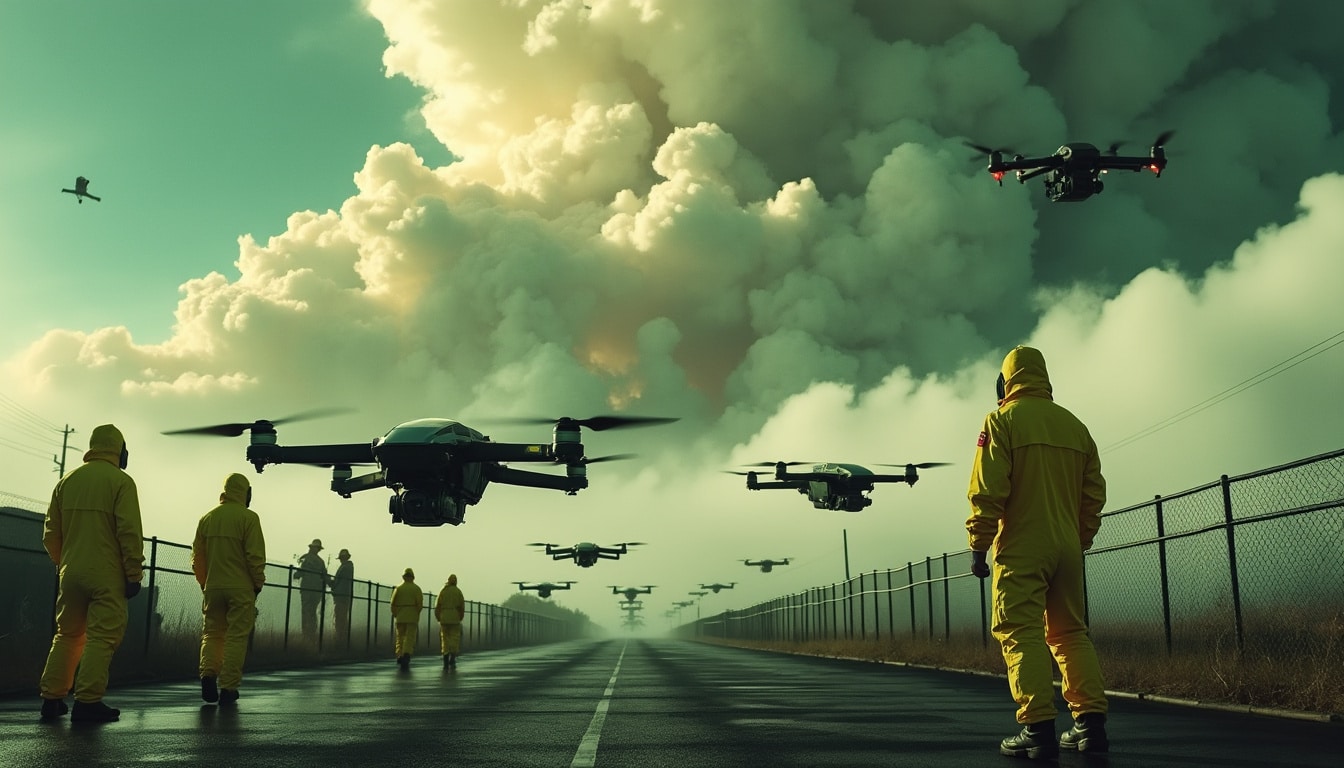 intervention rapide avec des drones de sécurité pour évaluer la toxicité d'un nuage chimique et garantir la sûreté environnementale et publique.